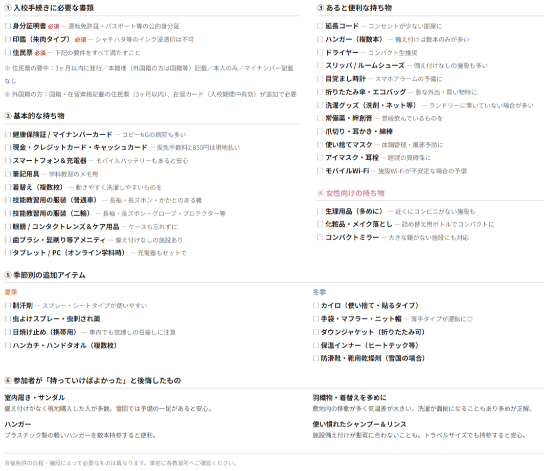 合宿免許持ち物リストの一覧